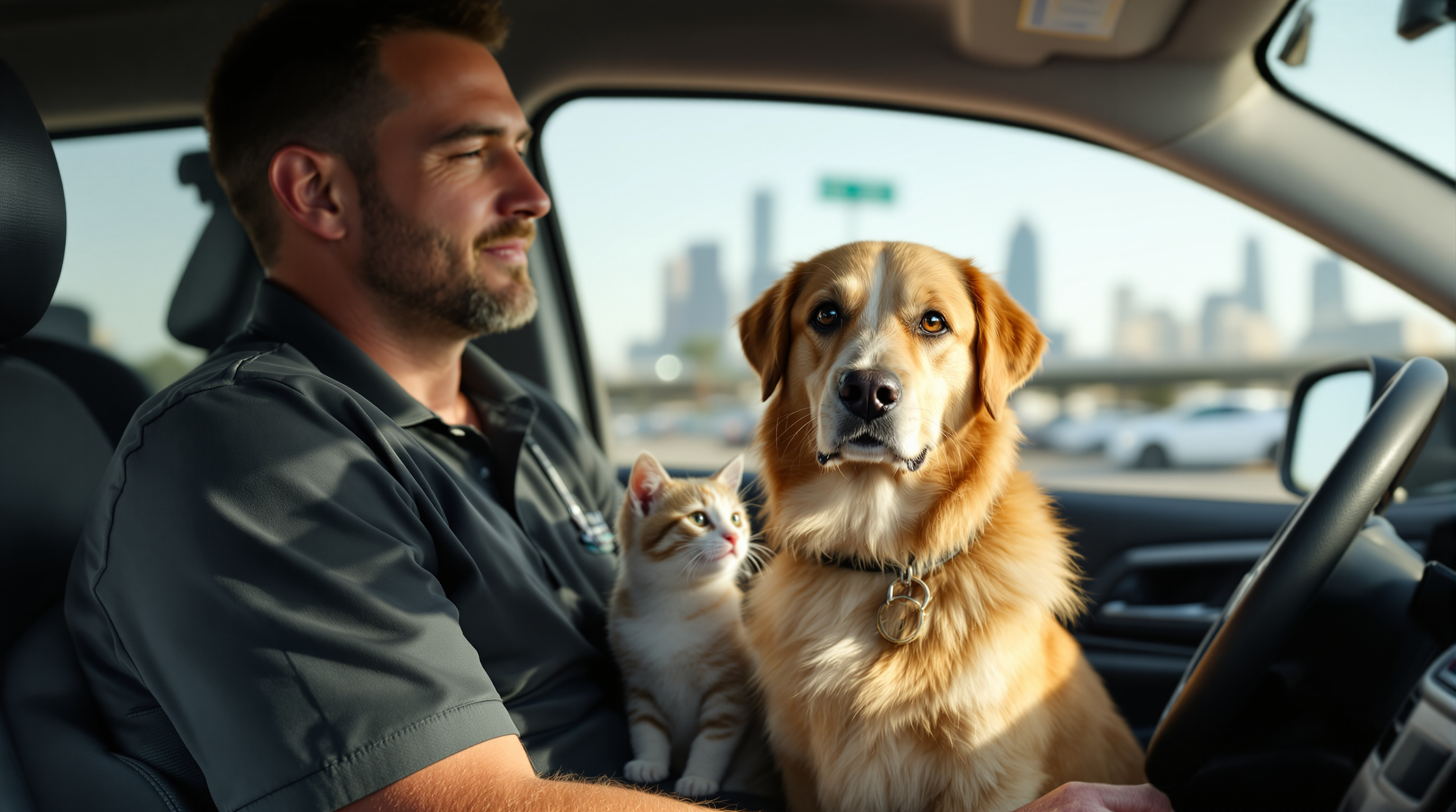 cross border pet transport - A dog and cat sitting together in a vehicle interior near a border checkpoint, with San Die