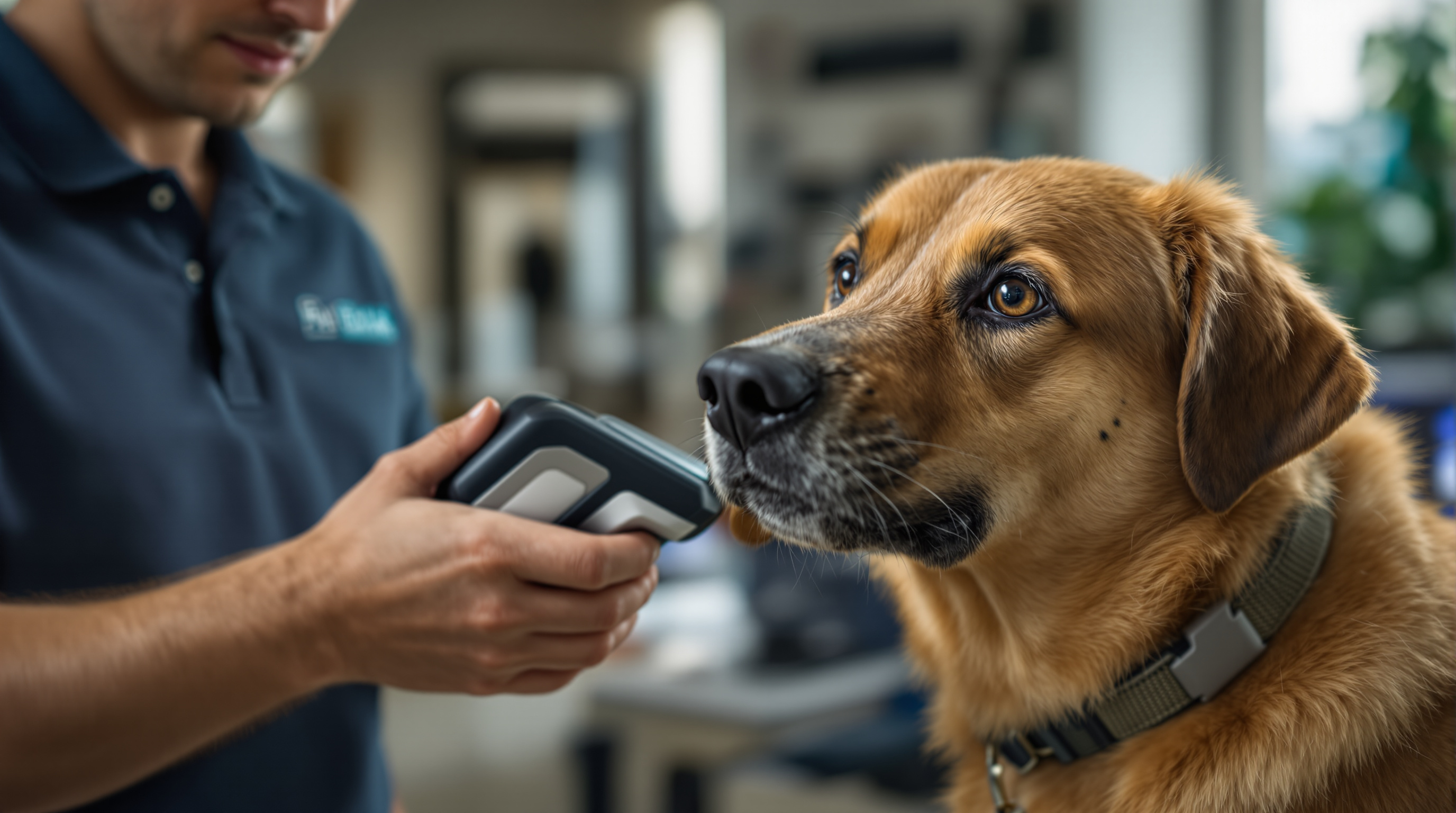 cross border pet transport - A microchip scanner being held next to a dog's neck, showing the device checking for microc
