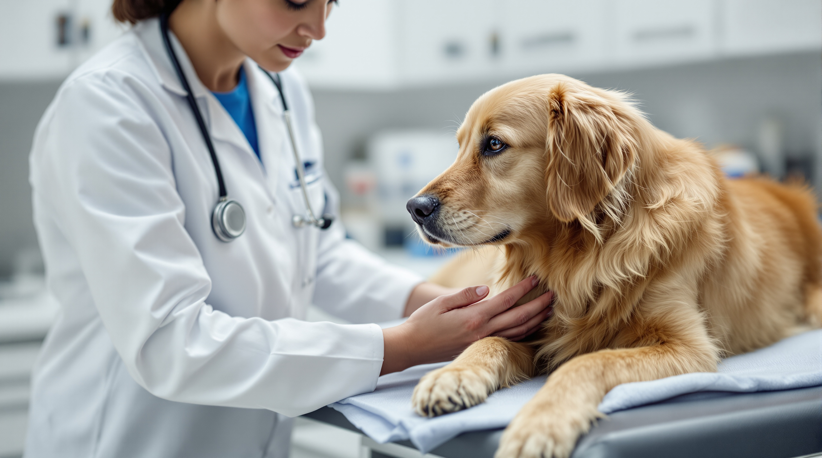 cross border pet transport - Veterinarian gently examining golden retriever on exam table in bright modern clinic, steth