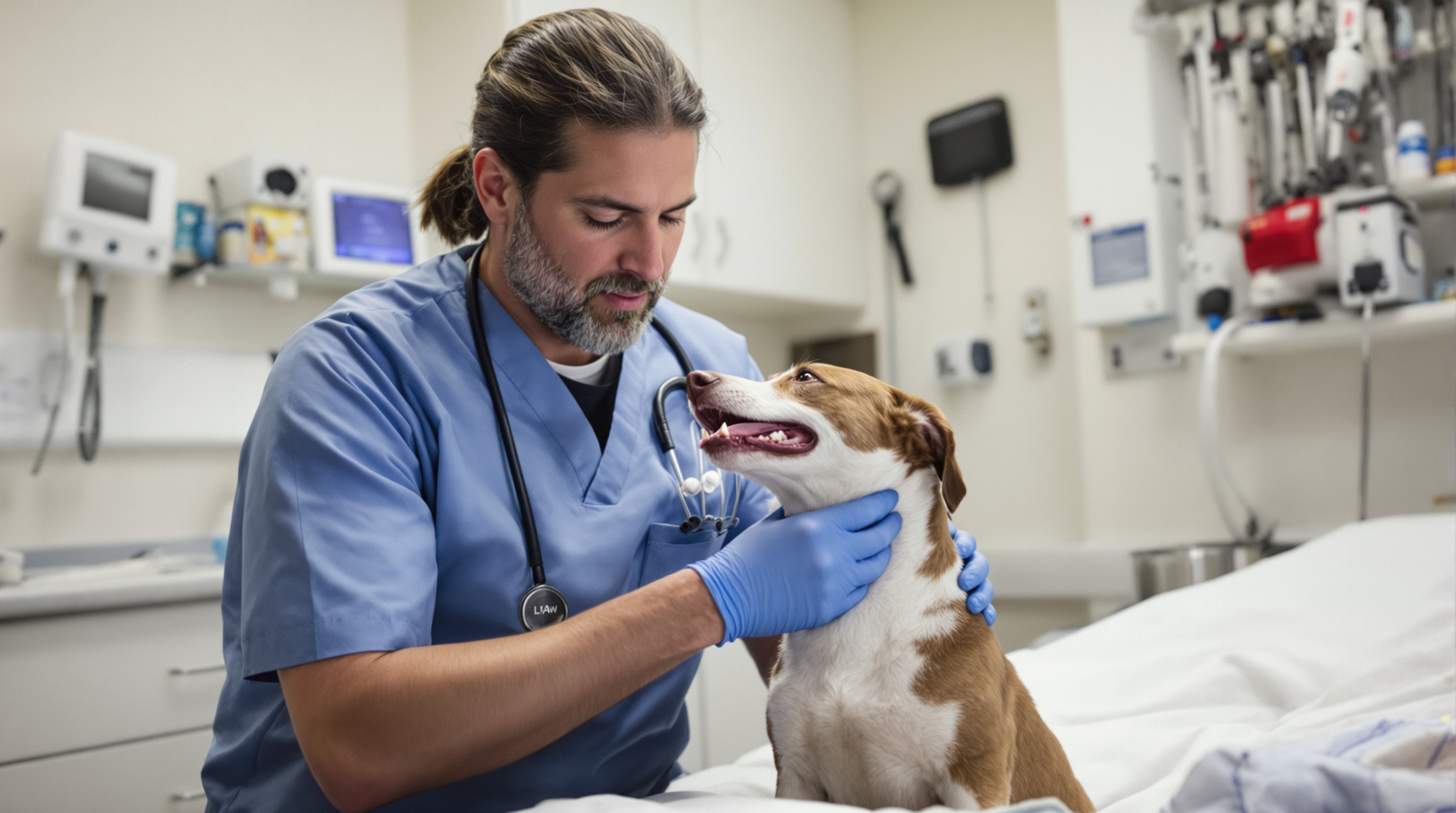 pet transport San Diego Tijuana - Professional veterinarian examining a brown and white dog in a clean clinical examinat