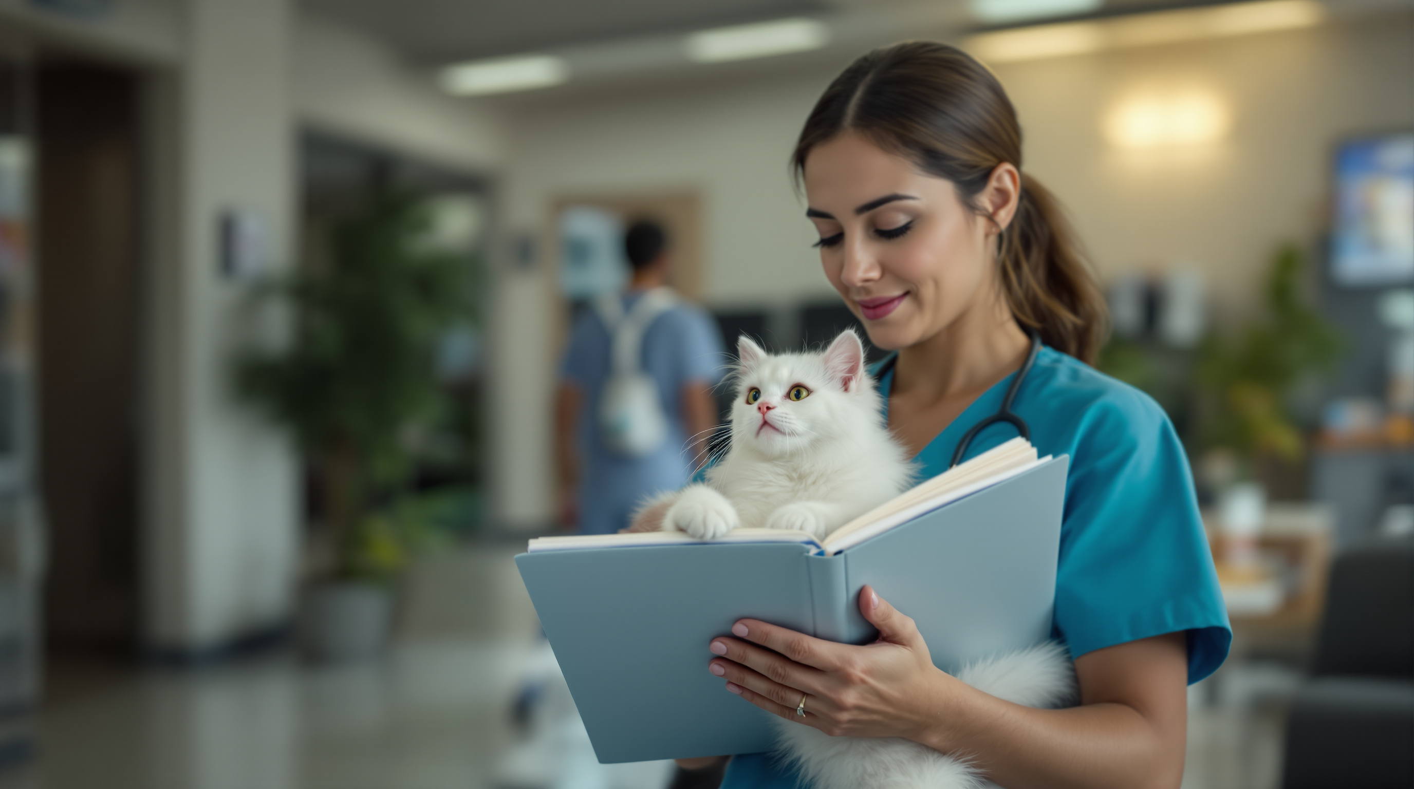 pet transport San Diego Tijuana - Pet owner holding a white cat with medical records folder in a modern veterinary waiti