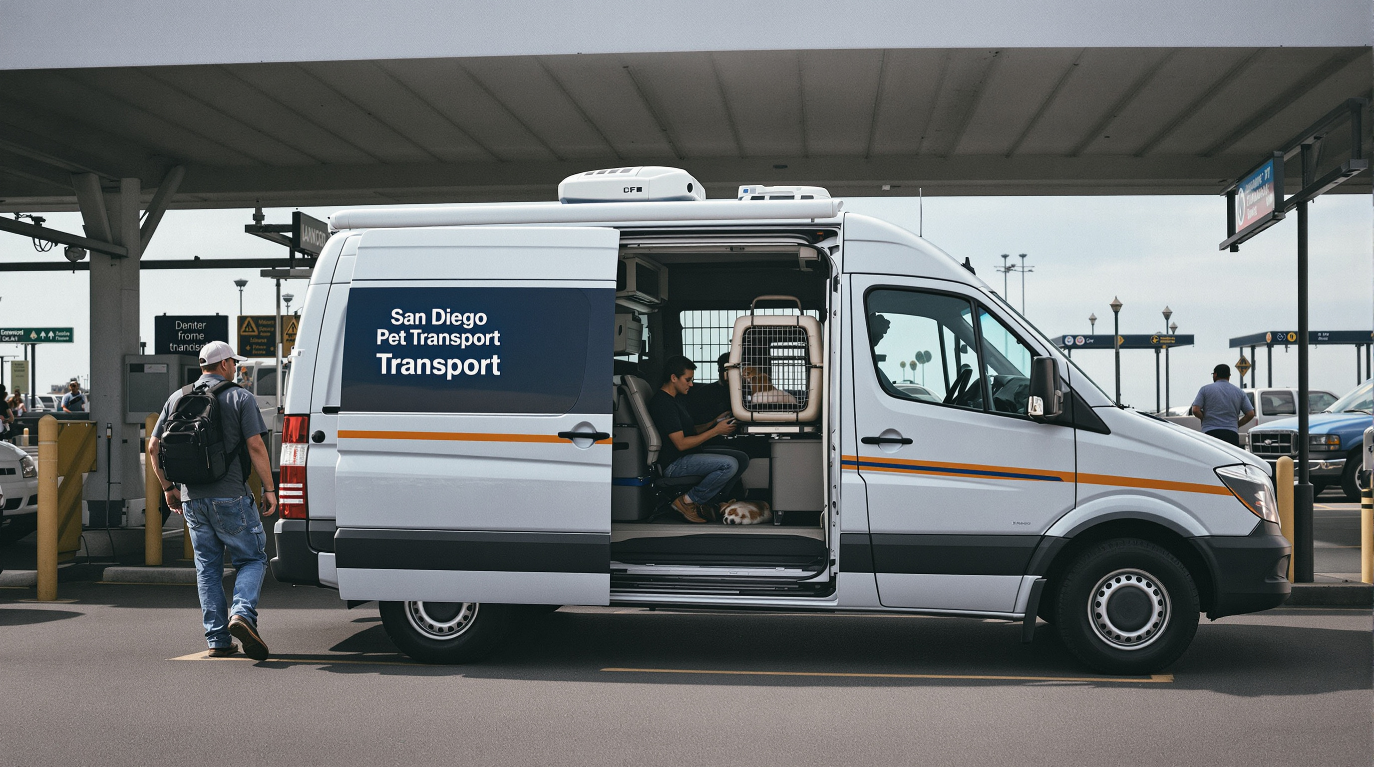 pet transport San Diego Tijuana - Professional pet transport vehicle with climate control, parked at San Diego-Tijuana b